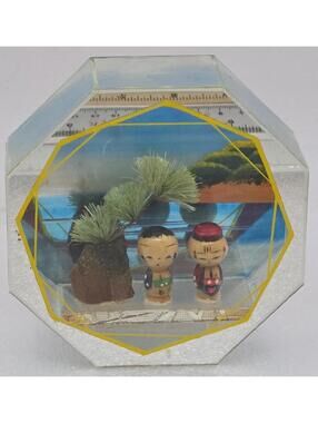 Vintage Japanese Kokeshi Doll Diorama Miniatures Mirror Encased Folk Art 4"×4"